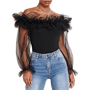 Women's Ruffle Off Shoulder Blouse Mesh Puff Sleeve Party Tops Fitted Tee Shirt XL Black