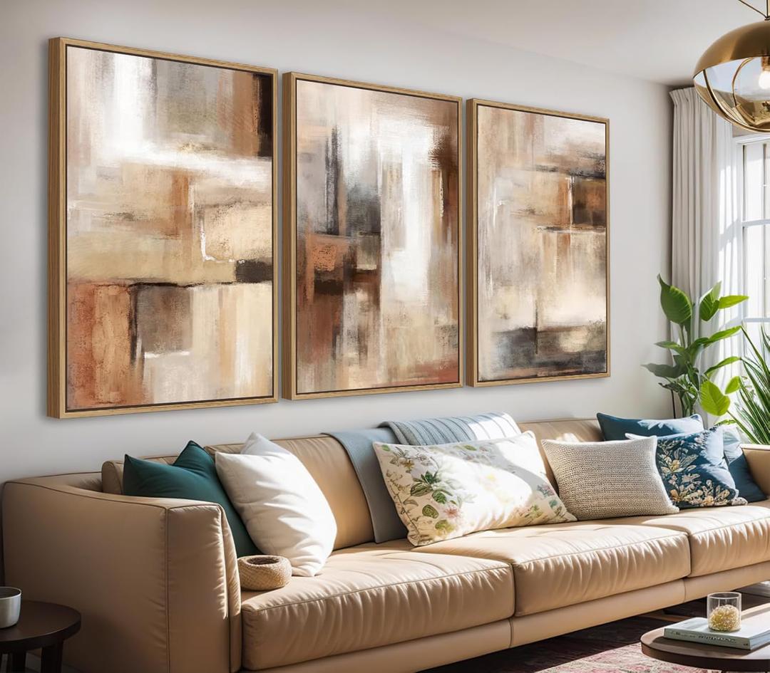 Large Framed Canvas Wall Art - Natural Float Framed Brown Abstract Picturtes for Living Room Decor Brown Abstract Painting Artwork Prints for Bedroom Kitchen Home Office Decor 48" X 24" Set of 3