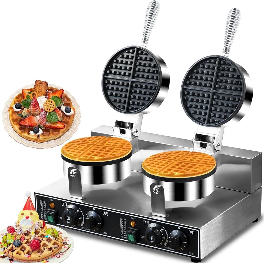 110V 2600W Commercial Double Waffle Maker,Non-Stick Commercial Waffle Baker,Stainless Steel Belgian Waffle Iron for Restaurant Party Food Stall, Bakery Snack Bar Family
