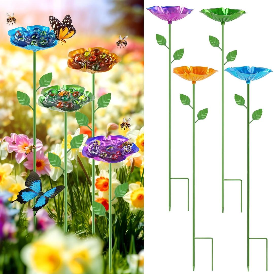 4 Pack Bee Watering Station, Metal Bee Feeder with Glass Marbles, Flower Shape Bee Butterfly Watering Station Bee Waterer for Outdoor Garden Courtyard Decor