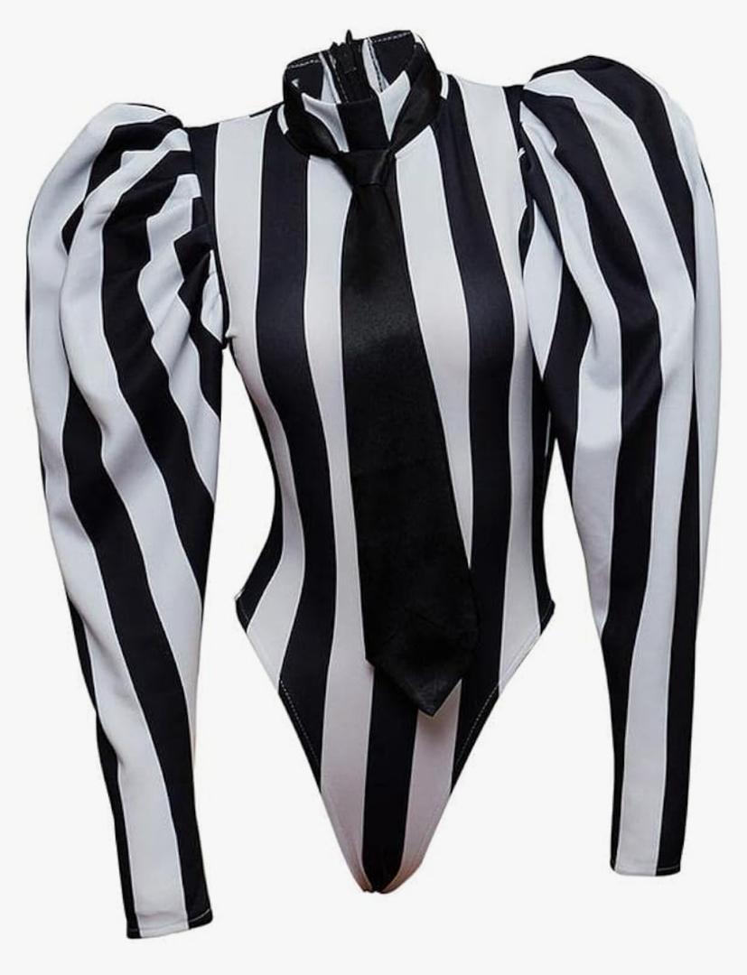 VEECOOCOS Women's Sexy Black White Striped Bodysuit