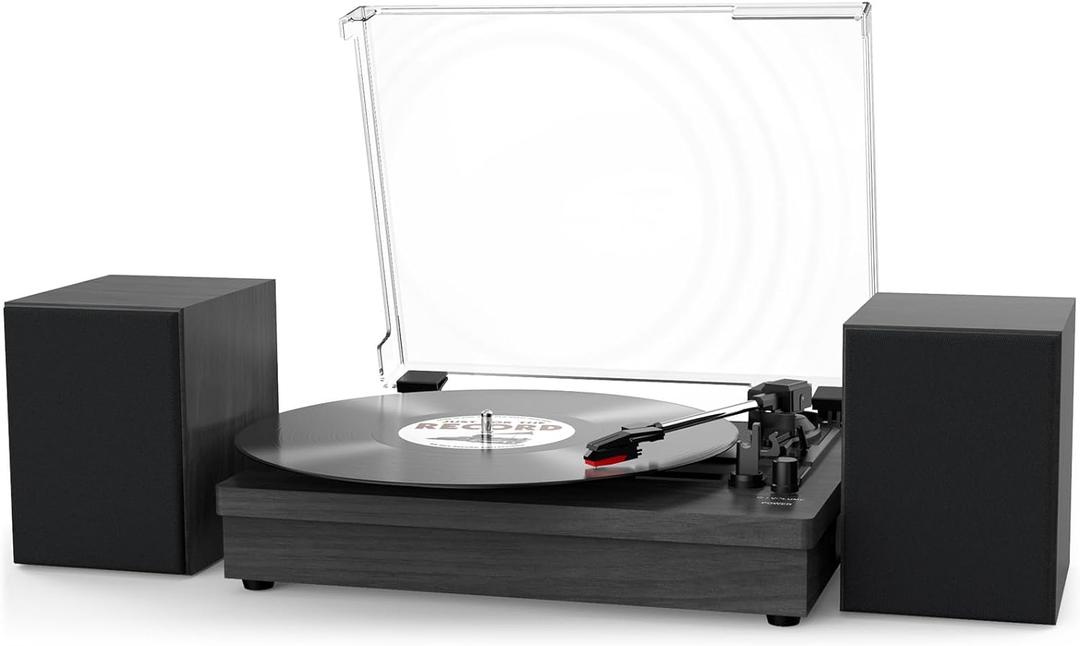 Record Player with Dual Stereo Speakers, Vinyl Record Player with 3 Speed Support Wireless Connection RCA Output Aux in USB Vintage Design Turntable Black