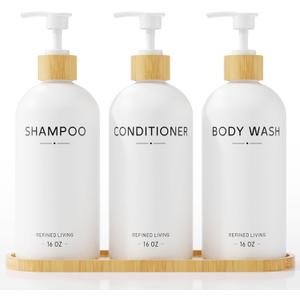 Shampoo and Conditioner Dispenser Set,Shower Soap Dispenser for Bathroom,Refillable Shampoo and Conditioner Bottles with Bamboo Pump and Tray,Soap Dispenser Bathroom for Shower (White, 3-Pack)