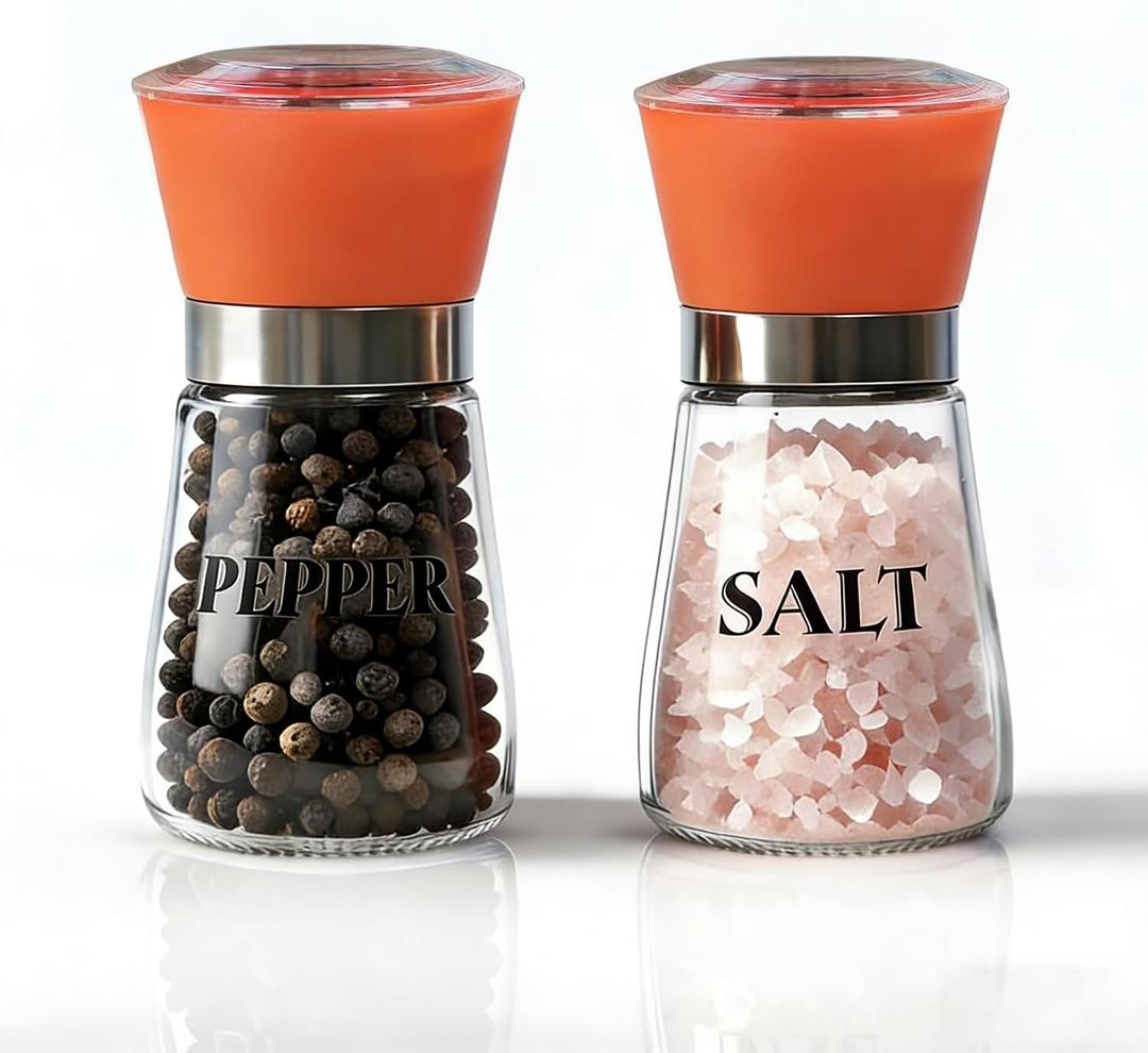 Salt and Pepper Grinder Set of 2 - Refillable Mills & Shakers with Adjustable Coarseness, Easy Clean for Kitchen, Restaurant & Outdoor (Orange)