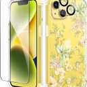 GVIEWIN for iPhone 14 Case Floral, with Screen Protector + Camera Lens Protector, [Non Yellowing]Soft Shockproof Clear Phone Protective Cover for Women,Flower Pattern Design 6.1"(Peach Blossom/Yellow) (For iPhone 14 (6.1 inch))