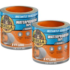 Gorilla Waterproof Patch & Seal Tape, Clear Tape, 4" x 8' (Pack of 2) - Permanent Weather Resistant Seal for Leaks and Repairs