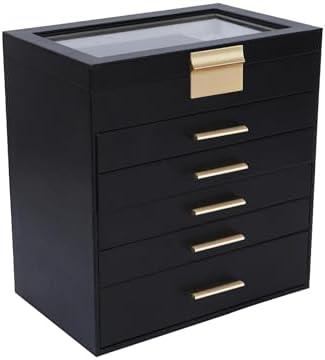 BOOVO Jewelry Box for Women, Black 6 Layer Large Jewelry Organizer with Glass Lid for Necklace, Bracelet, Earrings, Rings Storage, Jewelry Organizers and Storage for Girls Gift (Clear Black, 6 layer)