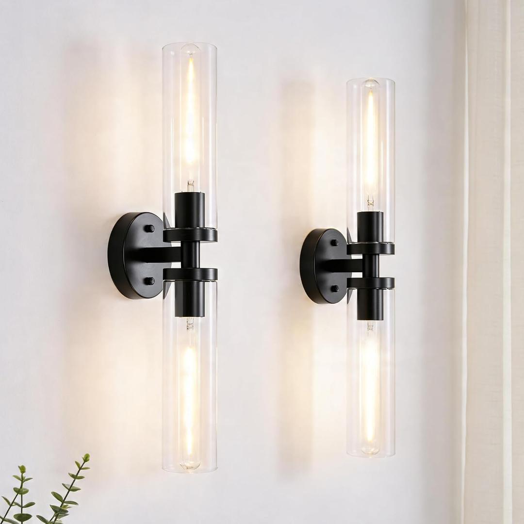 Wall Sconces Set of 2, Hardwired Bathroom Light Fixtures, Modern Bathroom Vanity Wall Lighting with Clear Glass Shade, Farmhouse Wall Sconce for Mirror Bedroom Hallway, Matte Black, E26 Base