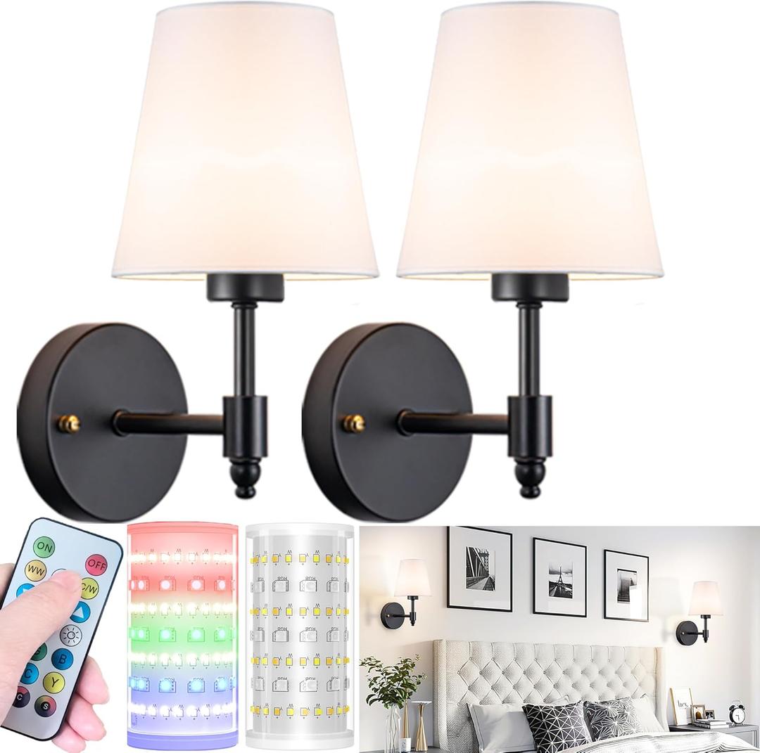 Battery Operated Wall Sconces Set Of Two, Wireless Battery Wall Light With 10000mAh RGB Rechargeable Magnetic Bulb, Rechargeable Wall Sconce With Remote Control For Bedroom, No Electrician Required (Black)