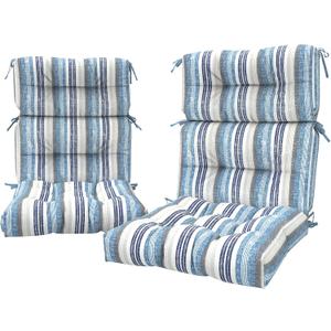 LVTXIII 2 Pack Outdoor High Back Cushions, 22" W x 20" D Tufted Seat and Back Chair Cushion with Ties, Fluffy Patio Replacement Rocking Chair Cushion for Outdoor Furniture Use, Stripe Layered Blue, 44"x22"x4"