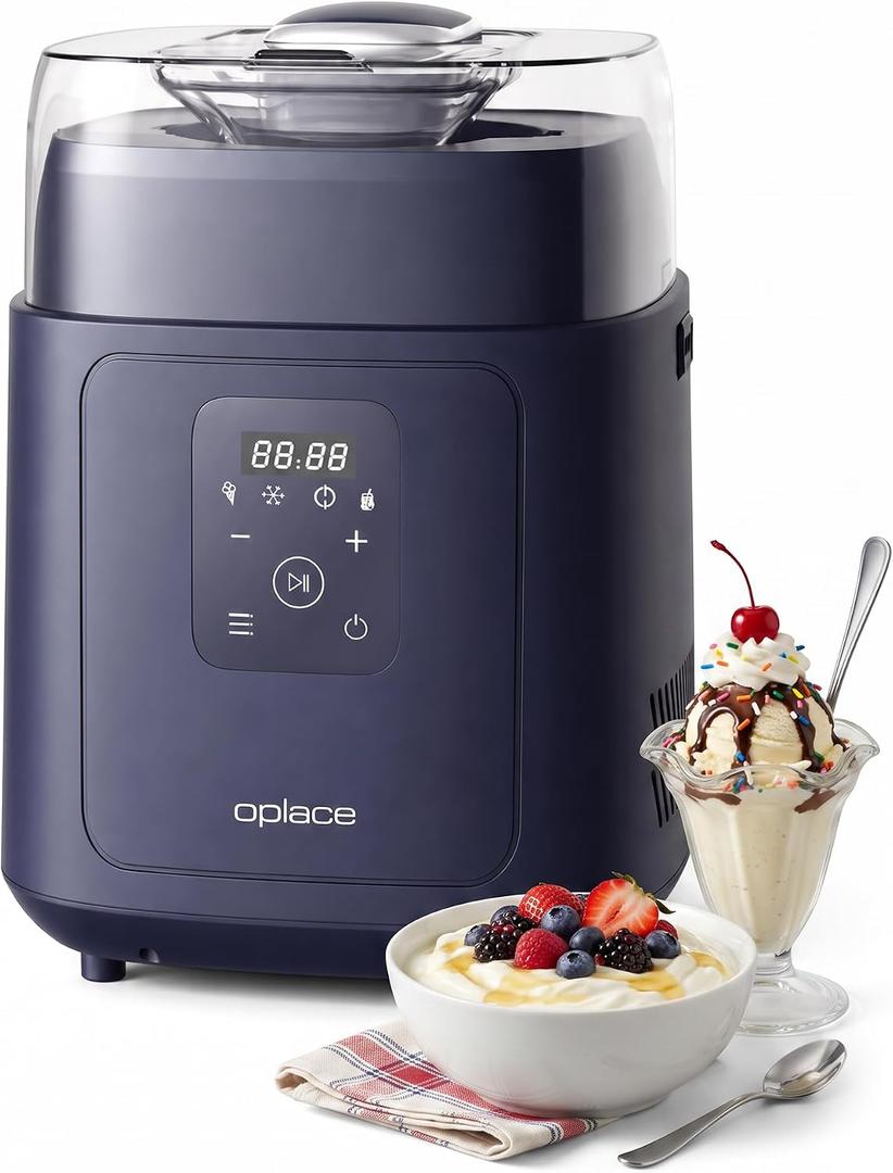 4-in-1 Compressor Ice Cream Maker (1.0Qt), No Pre-Freezing, Automatic Yogurt Maker, Gelato Sorbet Frozen Yogurt Soft Serve Machine, Compact Vertical Design for Home Kitchen(Blue)
