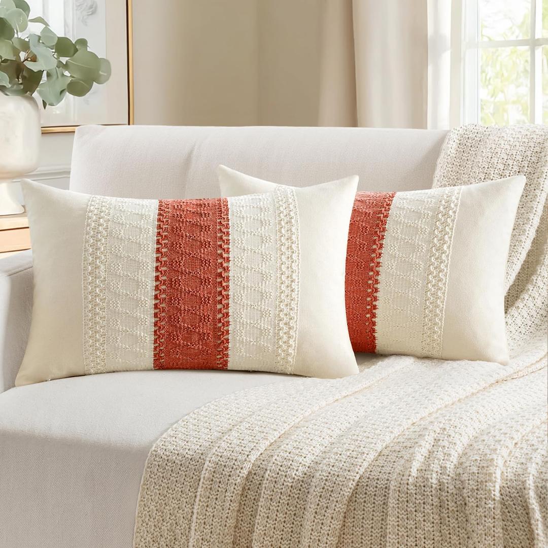 Woaboy Set of 2 Rust Orange Boho Decorative Throw Pillow Covers 12x20 Inch Lumbar Farmhouse Cotton Cushions Modern Home Decor for Livingroom Bedroom Couch Bed Sofa Chair