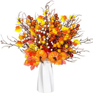 Hotop Fall Decor 12 Pcs Floral Picks Artificial Autumn Pumpkin Orange Berry Flower Maple Leaves Stems Vase Decorations for Home Harvest Holiday Thanksgiving Table Indoor Decor(Pumpkin Style)