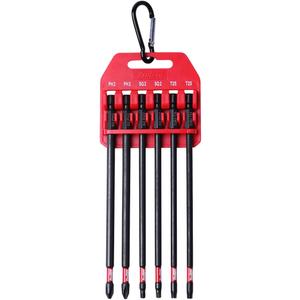 Long Impact Bit Set W/clip, 2 Phillips, 2 Square, T25 TORX, 6-Inch Length, 6-Piece,Industrial Strength, 1/4" Hex Shank