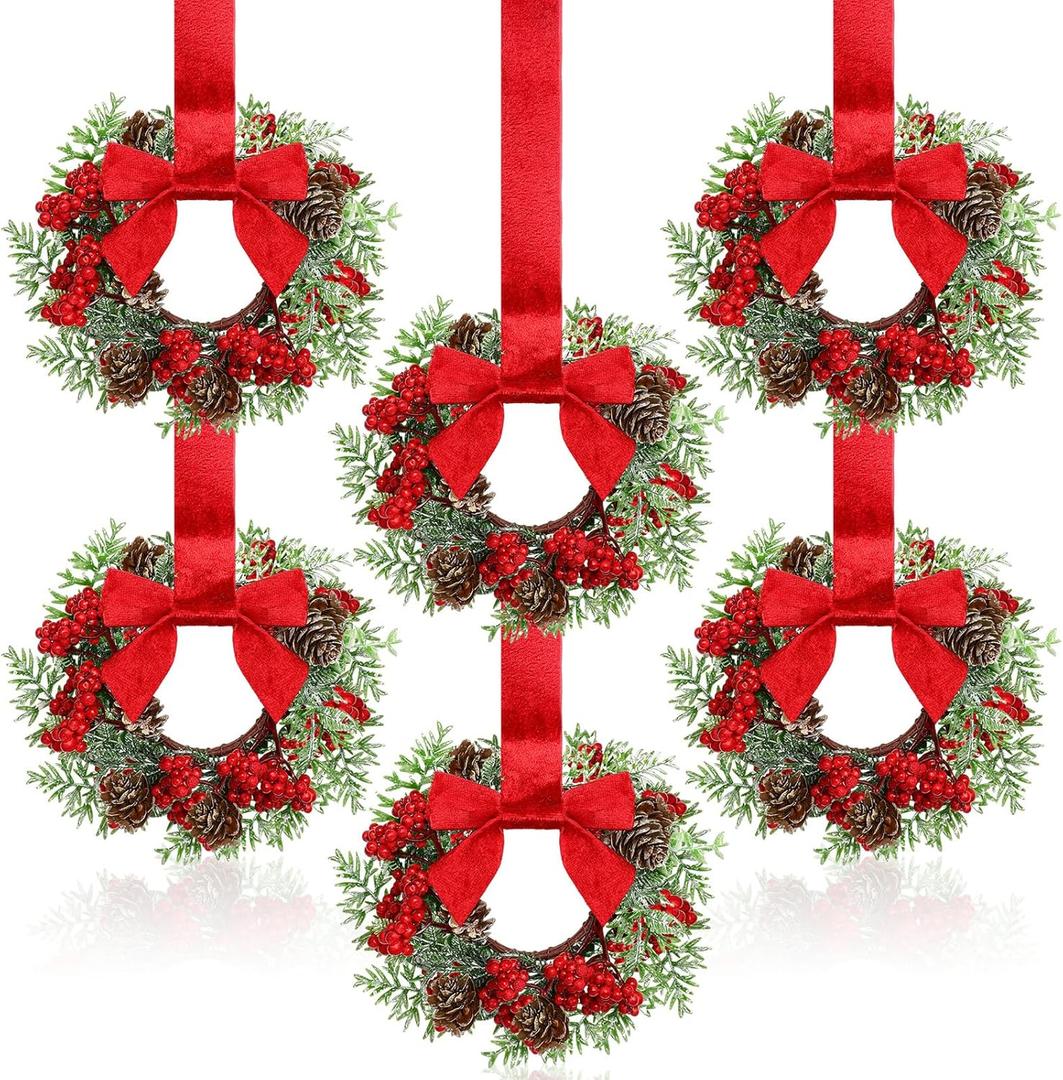 Dingion 6 Pcs 6" Christmas Mini Cabinet Wreaths Norfolk for Kitchen with Ribbon Bows Red Berry Norfolk Pine Small Window Wreath Hunging Ornament for Window Door Farmhouse Christmas Party Decorations