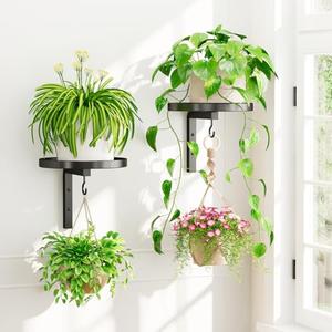 iDavosic.ly Wall Plant Holder Set of 2 for Indoor Outdoor, Metal Hanger with 2 Hooks, Floating Flower Display Stand for Window, Space Saving & Easy to Assemble (Pots/Chains/Plants Not Included), Black