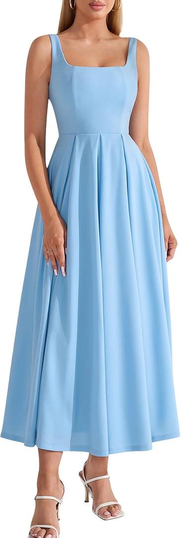 EYNMIN Wedding Guest Dresses for Women 2026 Summer Spring Square Neck Flowy A Line Elegant Midi Formal Dress (Blue, L)