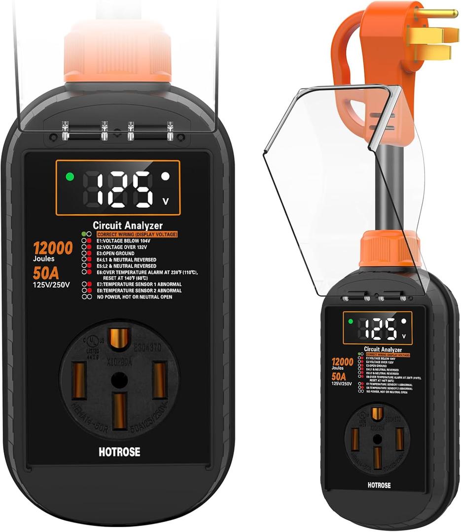 RV Surge Protector 50 Amp with High/Low Voltage Protection, 12000 Joules 50 Amp RV Surge Protector Waterproof, Smart RV Circuit Analyzer w/LED Display, RV Adapter Plug for RV Camper