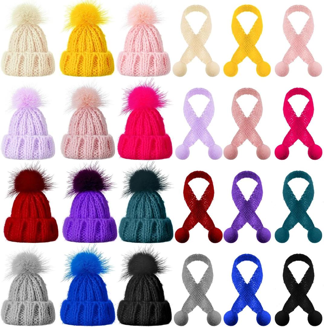 Bencailor 24 Pcs Mini Christmas Knitting Hats and Mini Christmas Scarf Set Knitting Doll Hat Scarf Santa Knit Hat Tree Ornaments for DIY Craft Art Doll Decoration (Mixed Color)