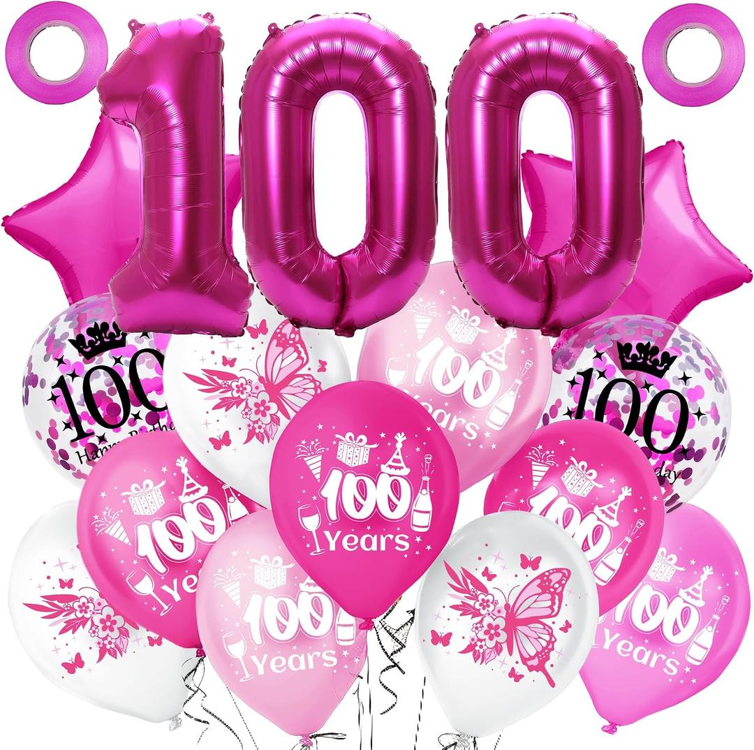 2 x Rosered Happy 100th Birthday Balloons Hot Pink Latex Inflatable Clear Confetti Helium Balloons Anniversary Party Decorations Supplies for 100 Year Old Women, Her, Mom, Sister