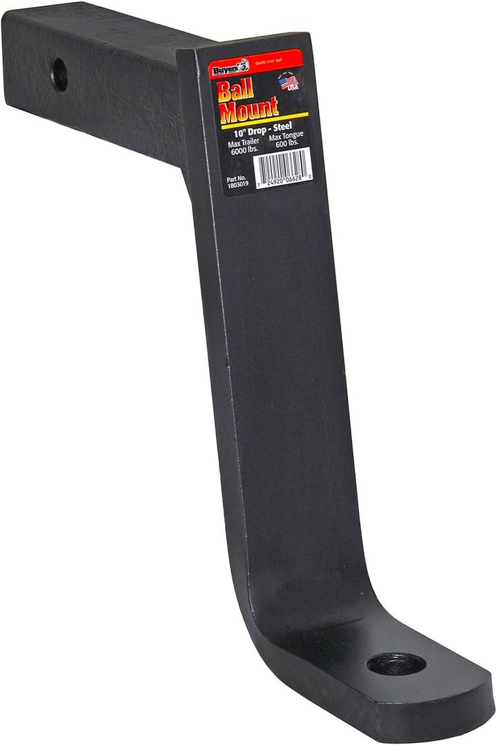 Buyers Products 1803019 Solid Shank Trailer Hitch Ball Mount, Fits 2-In Receiver, 10-1/4 In Drop, 9-In Rise, 10.28 In Length, 6,000 MGTW, 600 MVL, Accepts 1-In Diameter Towing Balls, Black Powdercoat