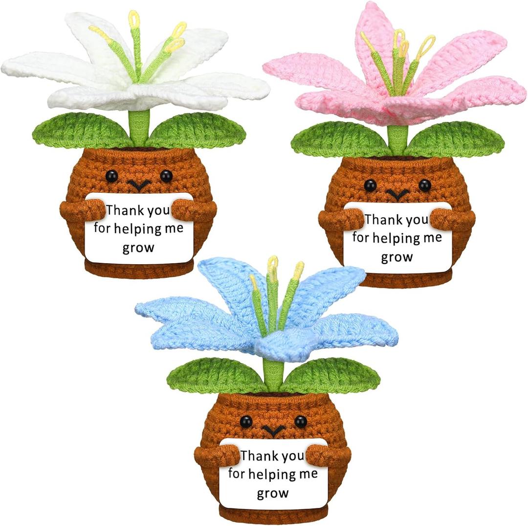 Wavwavw 3 Pcs Teacher Appreciation Gift Positive Flower Handmade Crochet Doll Thank You for Helping Me Grow Gift Teacher Appreciation Week Gifts for Women(Lily Flower)