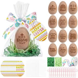 Soulchen 12 Set Easter Gifts He is Risen Wooden Resurrection Eggs Basket Stuffers with Raffia Gift Bag Ribbon and Card for Adults Christian Easter Basket Religious Centerpieces for Table Decorations