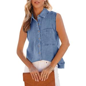 Orchidays Women's Denim Tank Top V Neck Button Down Collared Sleeveless Shirts Casual Blouse Tops, small