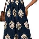 Happy Sailed Women's Jumpsuits Summer Square Neck Floral Printed Boho Jumpsuit Overalls Wide Leg Long Pants Rompers Cruise Outfits for Women Dark Blue L