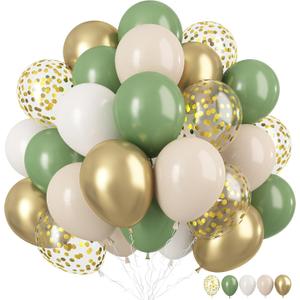 Sage Green Gold Balloons, 12 Inch Green White Metallic Gold Balloons, Olive Sand White Balloon Golded Confetti Latex Balloon for Birthday Wedding Baby Shower Party Decoration