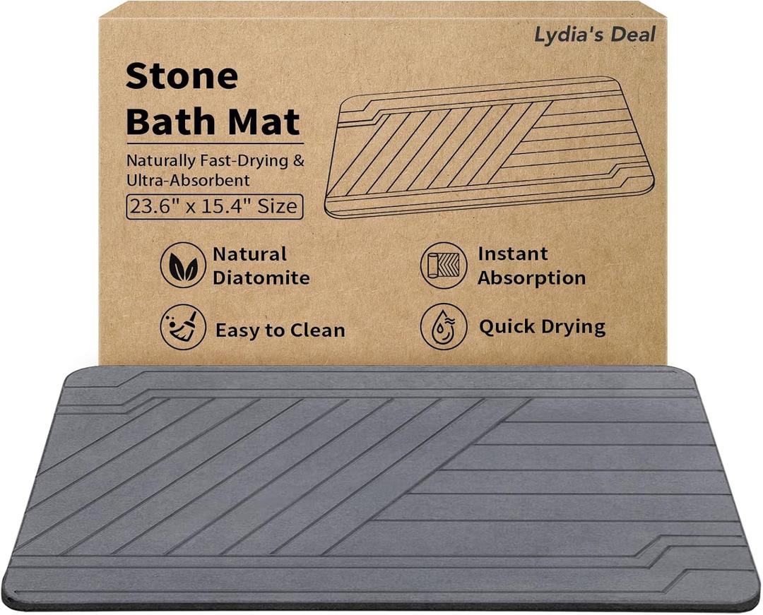 Lydia's Deal Stone Bath Mat - Diatomaceous Earth Shower Mat, Non-Slip Super Absorbent Quick Drying Diatomite Stone Bath Mats for Bathroom Floor Mat, Natural, Easy to Clean 23.6 x 15.4 Gray Line