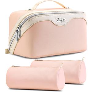 BOYATU Travel Makeup Bag Organizer Cosmetic Bag: 3 Pcs Set Make up Bags for Women with Handle - Waterproof Vegan Leather Toiletry Bags Travel Essentials Pouch with Compartments (A-09-Pink)