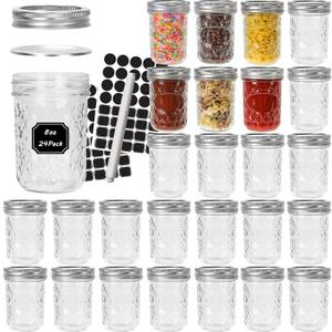 CycleMore Mason Jars 8 oz, 24 Pack Canning Jars with Airtight Lids and Bands, Half Pint Canisters Ideal for Fermenting, Jam, Honey, Pickling, Wedding/Shower Favors, DIY Decors