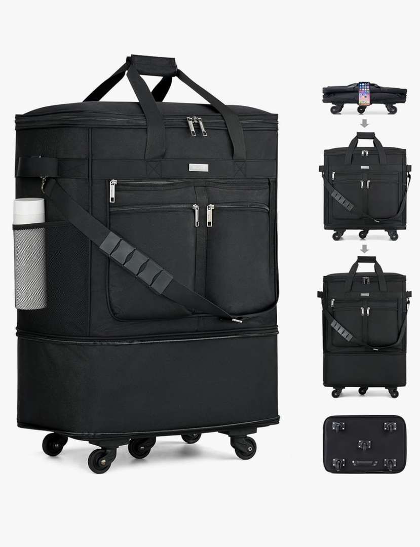 MILADA Travel Luggage Bag Suitcases with Wheels Expandable Foldable Travel Bag Collapsible Rolling Duffle Bag Large Suitcase for Men Women without Telescoping Handle, Black