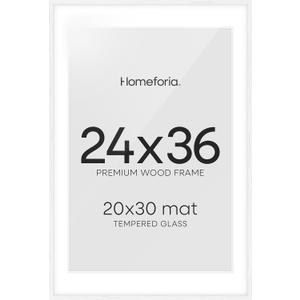 Homeforia White Picture Frame 24x36, High End Oak 24 x 36 Wood Poster Frame with Mat 20 by 30 for Photo, 24x36 Large Wooden Frame Matted to 20x30, 36x24 Thin Frames, Tempered Glass, Wall Kit, Set of 1