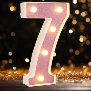 LED Marquee Numbers, Small Light Up Numbers for Party, 8.58 Inch Battery Powered Lighted Number for Birthday, Night Light, Table or Home Decor (Pink Glitter, Number 7)