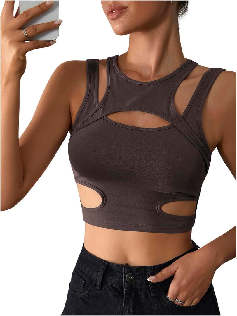 Milumia Women's Cut Out Gothic Tank Top Sexy Going Out Crop Tops Rave Outfits, Dark Brown, Small