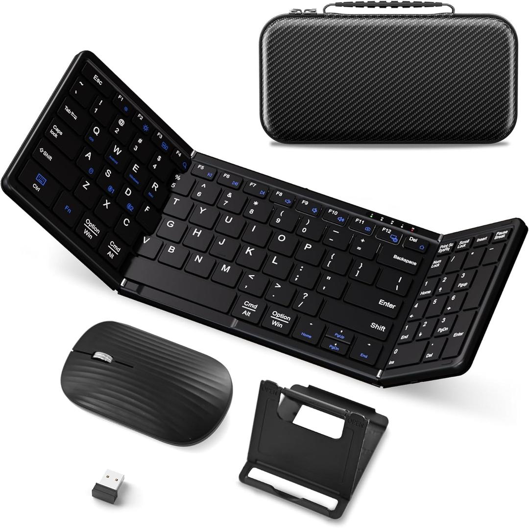 Portable Foldable Keyboard and Mouse Combo,Dual Mode Bluetooth2+2.4G Wireless,Rechargeable Silent Full-Layout Travel Kit for iPad,Tablet,Laptop,Home & Office Black