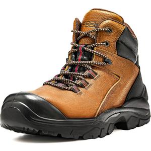 COOLJOB Steel Toe Work Boots for Men, Anti-spark Full Grain Leather Safety Shoes for Industrial Construction Workers, Soft Padded Lining, Non-slip PU Outsole, Impact Resistant Rubber Cap, Brown (13)