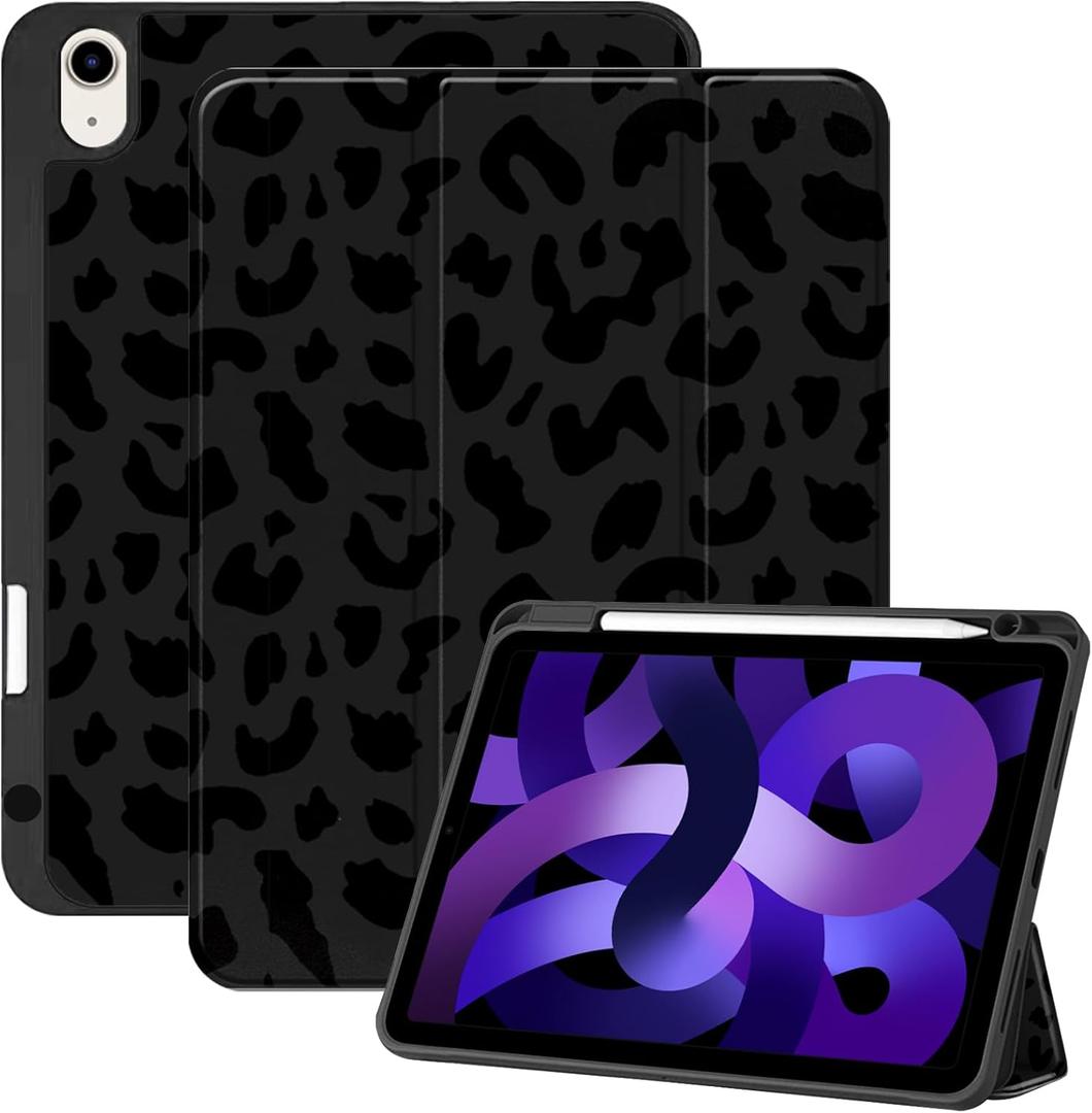 Compatible with iPad Air Case 11 Inch M3 2025,M2 2024 5th/4th Generation 10.9 Inch (2022/2020) with Pencil Holder TPU Back Case Auto Sleep/Wake Cover Cute Women Girls-Black Leopard Cheetah (Black Purple-C1)
