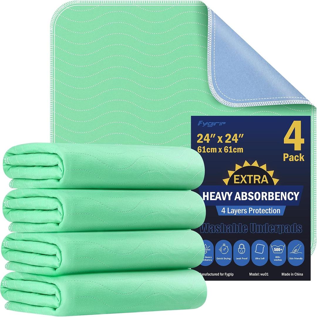4 Pack 24 x 24 Extra Heavy Absorbency Washable Underpads, Waterproof Nursing Pads Incontinence Bed Pads, Reusable Washable Pee Pads for Dogs, Diaper Changing & Adults, Washable Puppy Pads