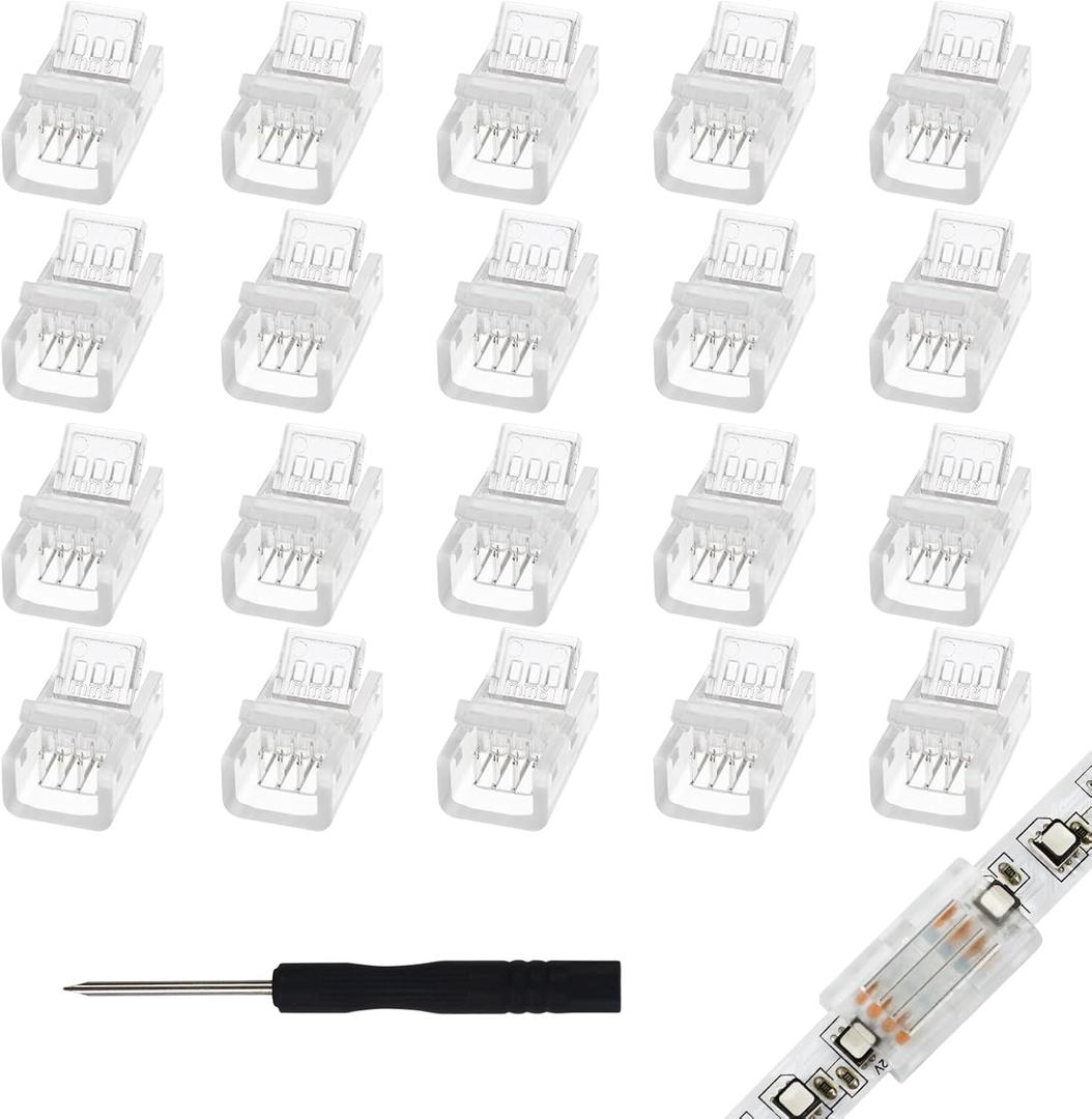 4Pin 8mm RGB LED Light Strip Connectors 20Pcs Waterproof LED Tape Connectors Transparent Solderless LED Light Strip Connectors for Strip Light Gapless Track Connector 5V 12V 24V