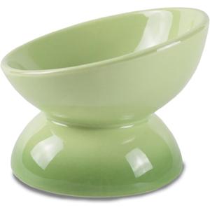 Ceramic Raised Cat Food Bowl, Tilted 15 Shallow Dish, Anti Vomiting, Safe, Microwave & Dishwasher Safe, Green