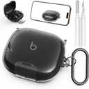Geekboy Case for Beats Powerbeats Fit 2025, Clear TPU Protective Cover with Premium Metal Carabiner & Cleaning Kit, Shockproof Skin for Powerbeats Fit Case Cover (Clear Black)
