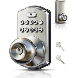 Veise Keypad Door Knob Lock, Keyless Entry Digital Lock with Handle, Electronic Smart Knob for Front Door & Bedroom, Easy Install, Auto Lock, Passage Mode, Anti-Peeping Password, Satin Nickel