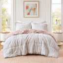 Madison Park Soft Plush Comforter Long Faux Fur Design, Mid Century, Modern All Season Down Alternative Bedding Set with Matching Sham, Full/Queen, Gia, Blush/White 3 Piece