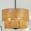 RUIYEY Rattan Chandelier Light Fixtures: 18 inch Boho Large Pendant Lights with Wicker Lampshade, E12 5 Light Height Adjustable Hand Woven Hanging Black Chandeliers for Dining Room Kitchen Living Room