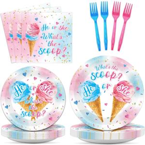 96PCS Ice Cream Gender Reveal Party Paper Tableware What's the Scoop Gender Reveal Plates Party Supplies for Summer Ice Cream Theme He or She Boy or Girl Baby Shower Dinnerware Plates Napkins Forks