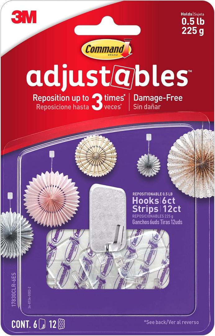 Command Adjustables Repositionable Mini Hooks, Plastic, White, 0.5 Lb Capacity, 6 Hooks and 12 Strips