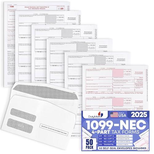 50 1099 NEC Tax Forms 2025 with Envelopes, 4 Part Legal Laser Tax Forms Kit, 50 Self Seal Envelopes, US Government Forms - Compatible with QuickBooks and Accounting Software, Made in The USA 50 Pack
